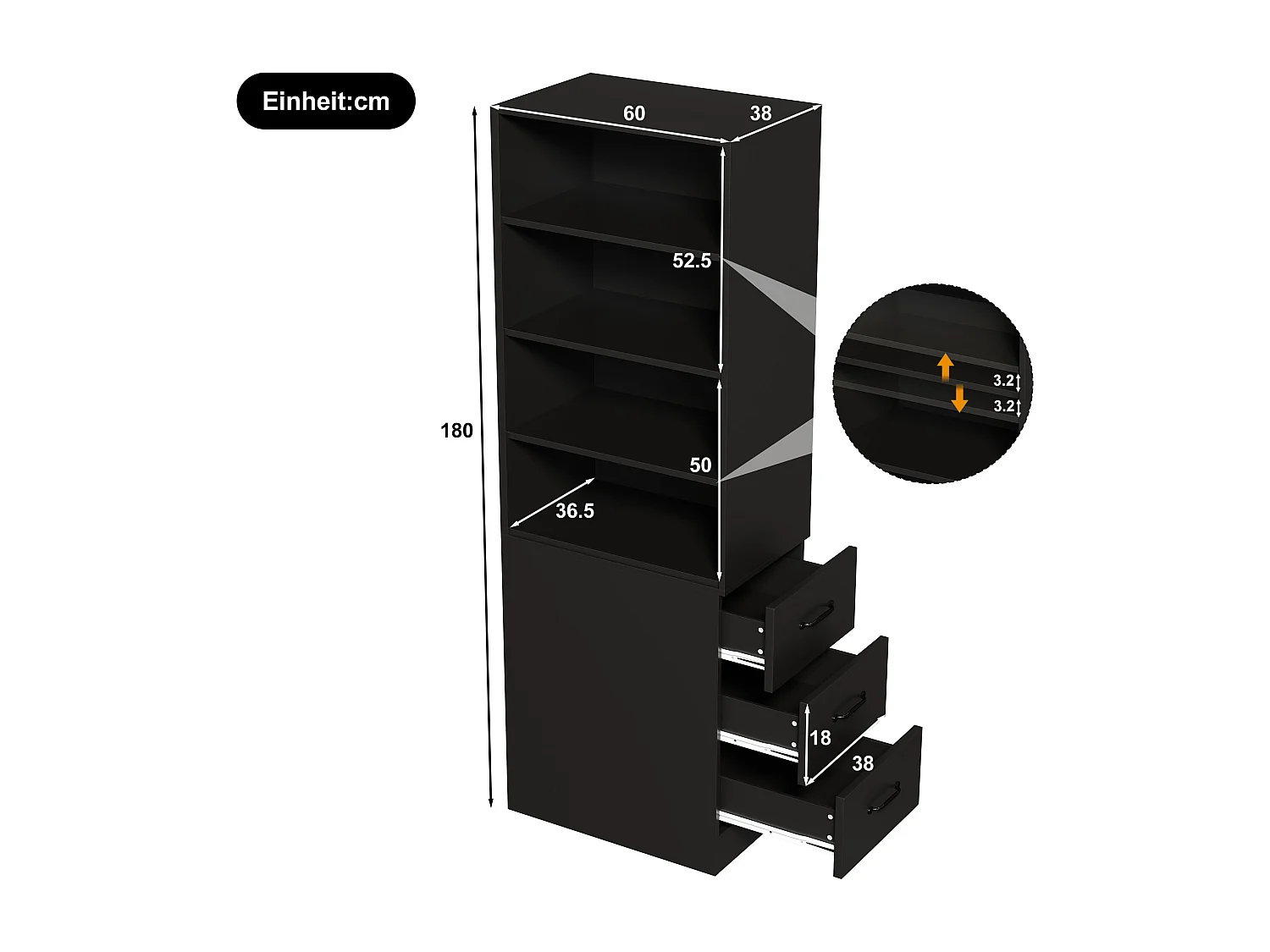 Bücherregal 180 cm hoch - mit 3 Seitenschubladen - Höhenverstellbare Einlegeböden - Links/rechts umkehrbar - Schwarz