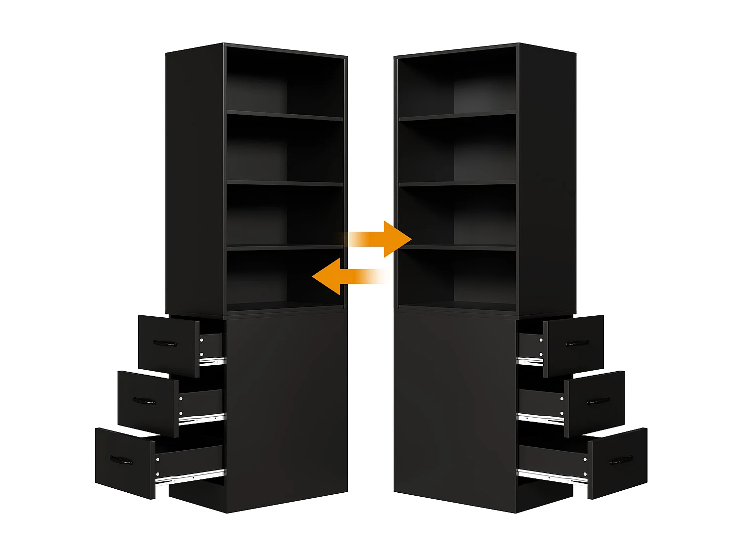 Bücherregal 180 cm hoch - mit 3 Seitenschubladen - Höhenverstellbare Einlegeböden - Links/rechts umkehrbar - Schwarz