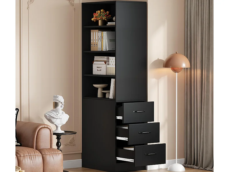 Bücherregal 180 cm hoch - mit 3 Seitenschubladen - Höhenverstellbare Einlegeböden - Links/rechts umkehrbar - Schwarz