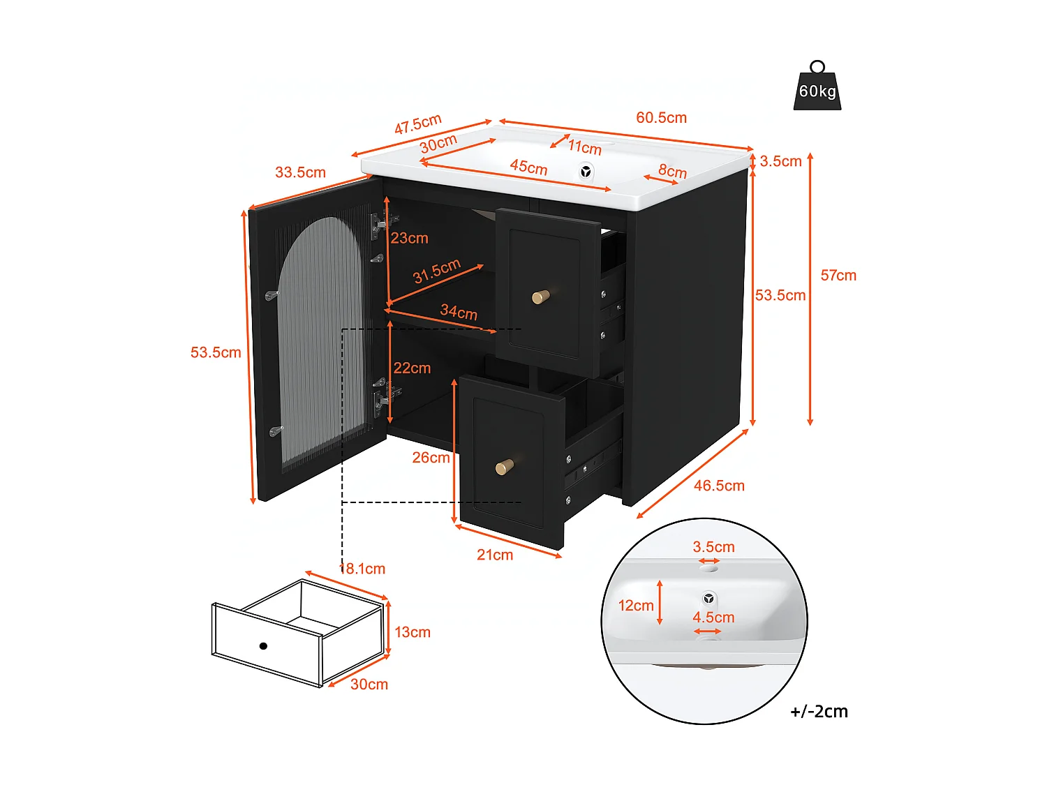 Meuble simple vasque mural en céramique - 60 x 47.5 x 57 cm - avec Leds + porte en verre + 2 tiroirs - MDF - noir