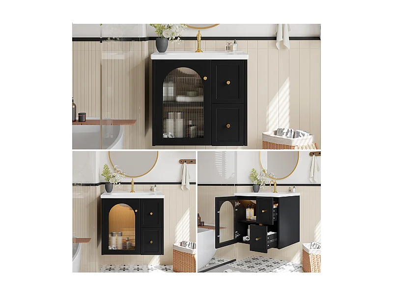 Einzelwandiger Waschtischunterschrank mit Keramikwaschbecken – 60 x 47,5 x 57 cm – mit LED-Beleuchtung, Glastür und 2 Schubladen – MDF – schwarz