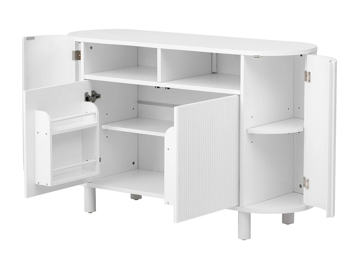 Nowoczesna komoda do przedpokoju - 120 x 38 x 77 cm - 4 drzwi + nóżki regulowane + półki - MDF - biała