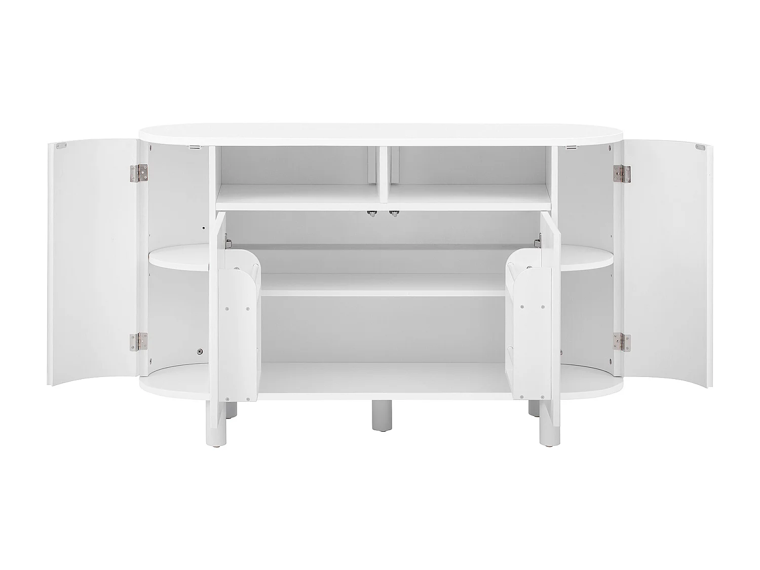 Nowoczesna komoda do przedpokoju - 120 x 38 x 77 cm - 4 drzwi + nóżki regulowane + półki - MDF - biała