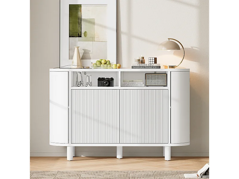 Nowoczesna komoda do przedpokoju - 120 x 38 x 77 cm - 4 drzwi + nóżki regulowane + półki - MDF - biała