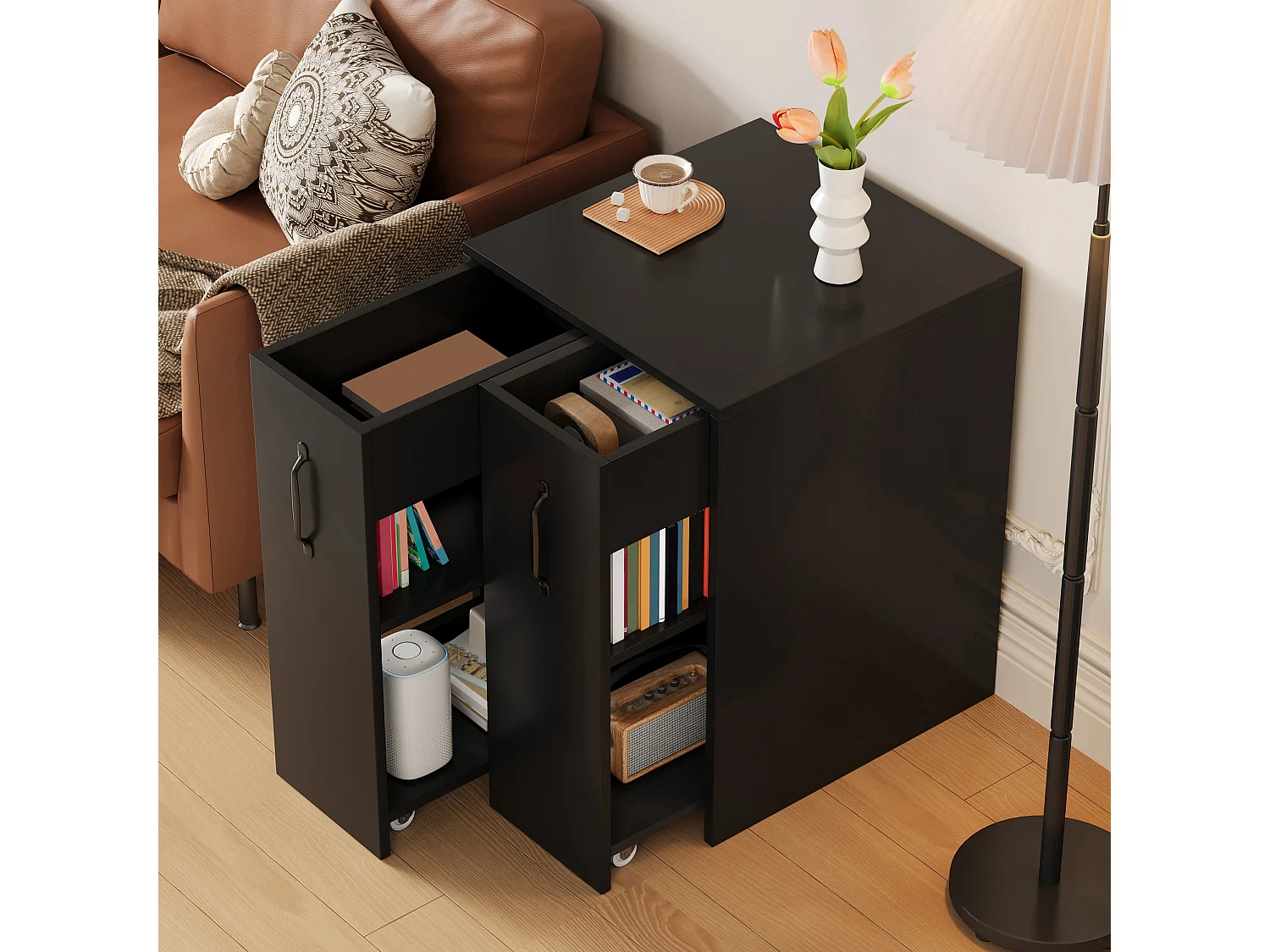 Bücherregal mit Rollen - Mobiler Sideboard - Ausziehbare Seitenschubladen - Linke und rechte Seite austauschbar - Schwarz