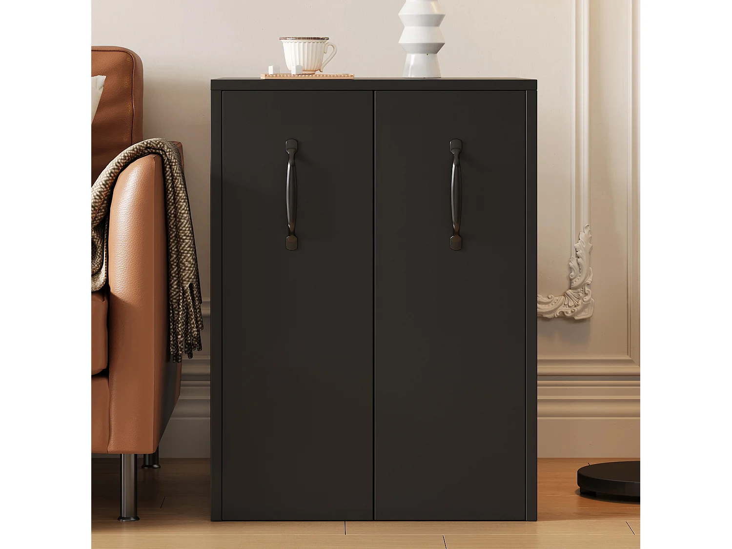 Bücherregal mit Rollen - Mobiler Sideboard - Ausziehbare Seitenschubladen - Linke und rechte Seite austauschbar - Schwarz