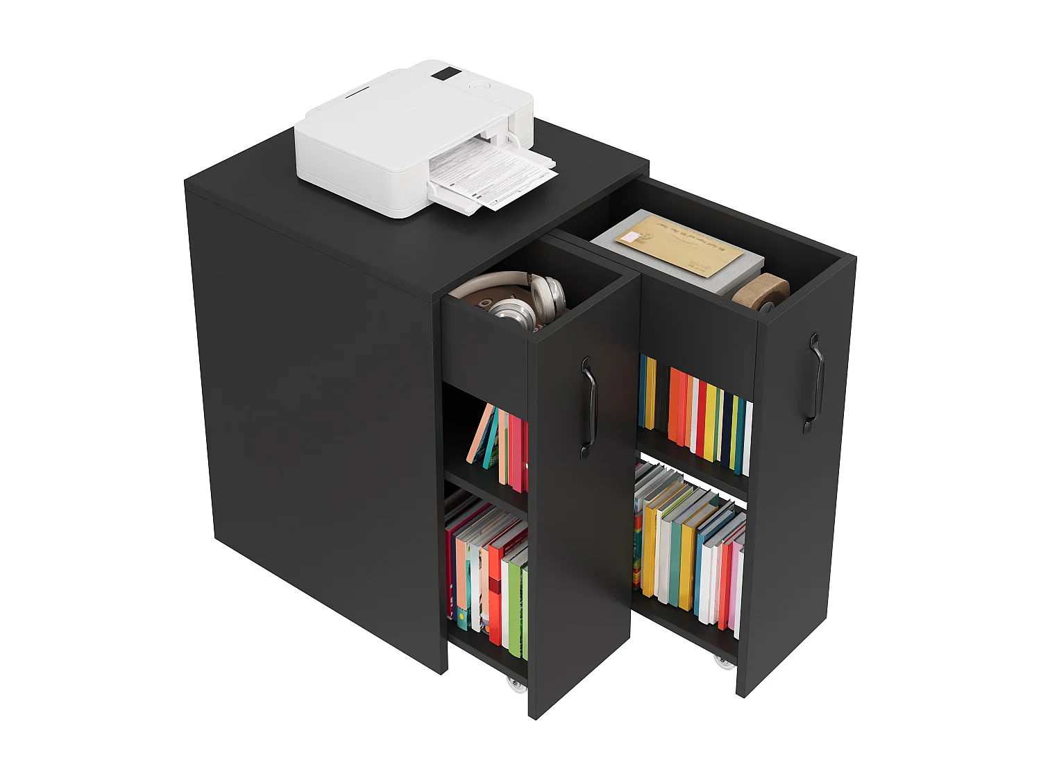 Bücherregal mit Rollen - Mobiler Sideboard - Ausziehbare Seitenschubladen - Linke und rechte Seite austauschbar - Schwarz