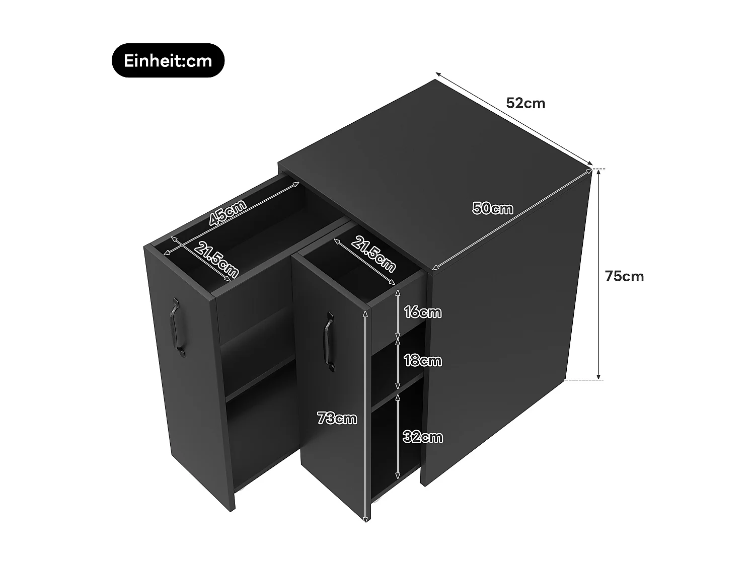 Bücherregal mit Rollen - Mobiler Sideboard - Ausziehbare Seitenschubladen - Linke und rechte Seite austauschbar - Schwarz