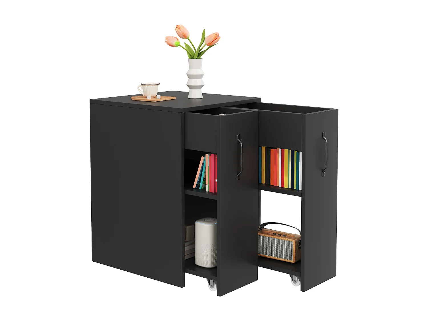 Bücherregal mit Rollen - Mobiler Sideboard - Ausziehbare Seitenschubladen - Linke und rechte Seite austauschbar - Schwarz