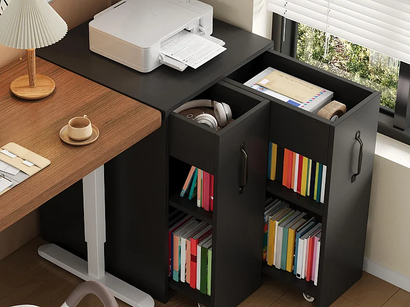 Bücherregal mit Rollen - Mobiler Sideboard - Ausziehbare Seitenschubladen - Linke und rechte Seite austauschbar - Schwarz