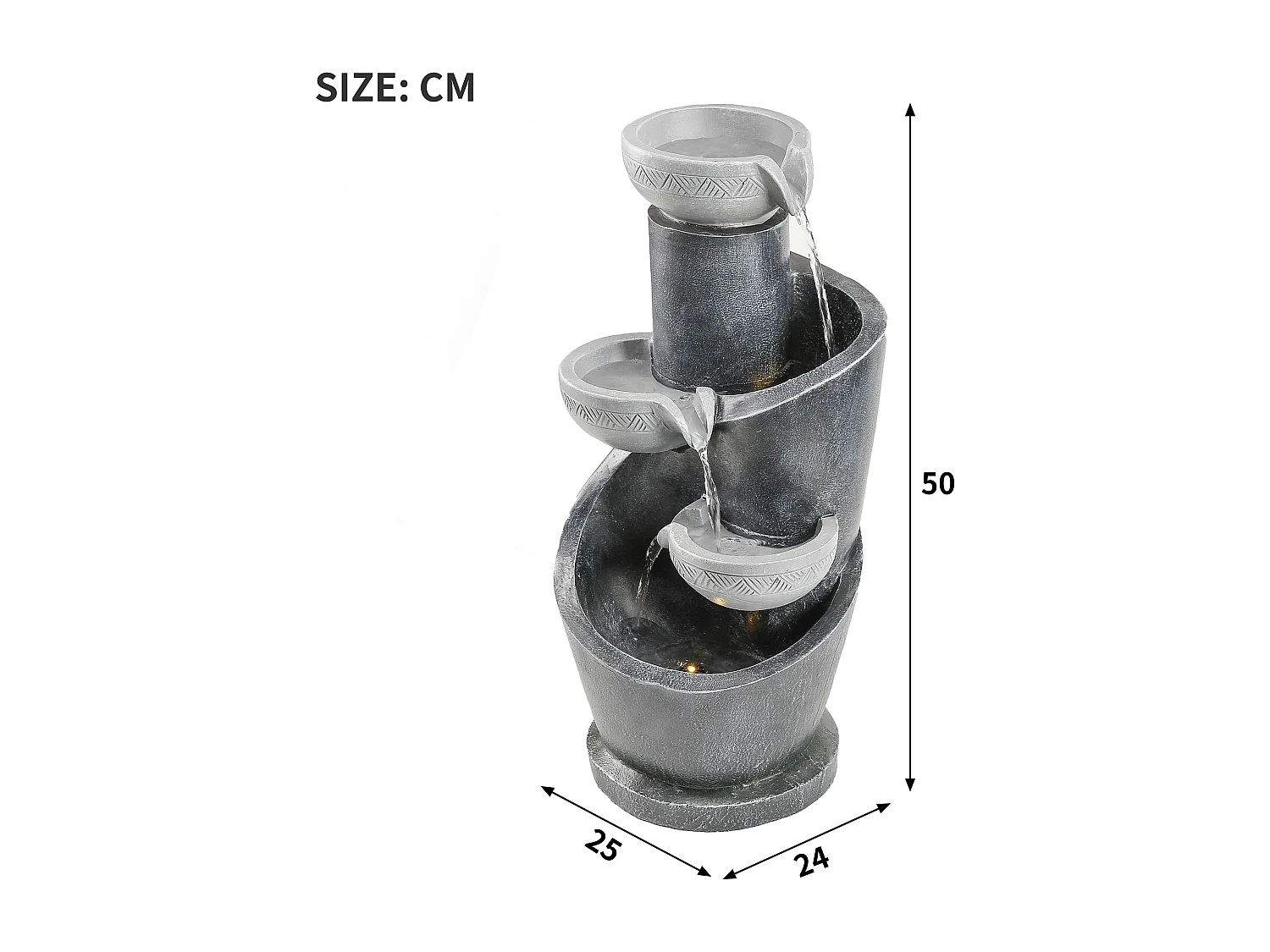 Tuinfontein voor tuin en terras - 25 x 24 x 50 cm - met LED's + waterpomp - Kunsthars - grijs