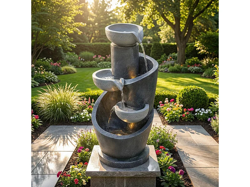 Tuinfontein voor tuin en terras - 25 x 24 x 50 cm - met LED's + waterpomp - Kunsthars - grijs