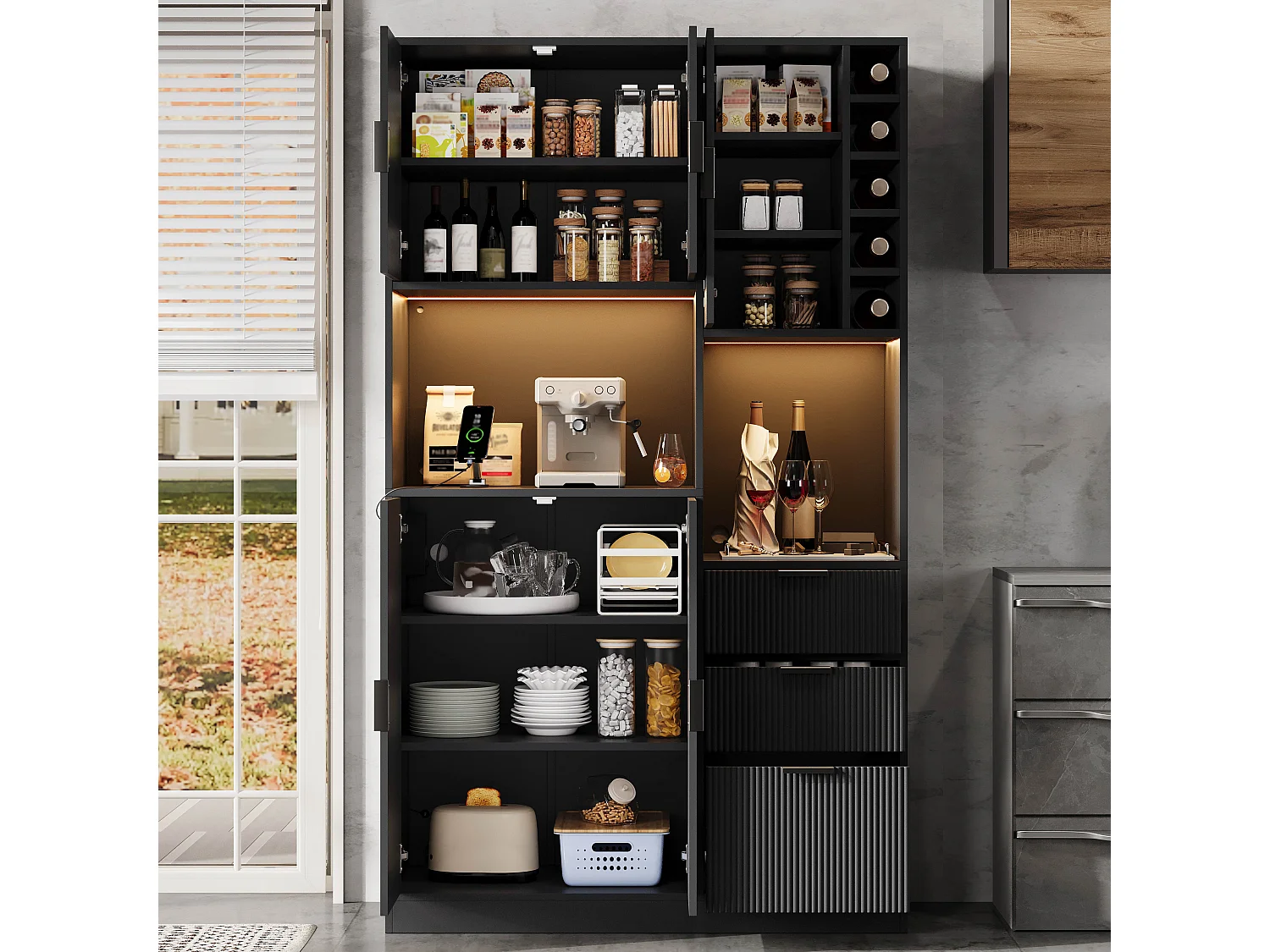 Nowoczesna komoda kuchenna - 105 x 40 x 180 cm - z półkami + 3 szufladami + stojakiem na wino + diodami LED + drzwiami - MDF - czarna