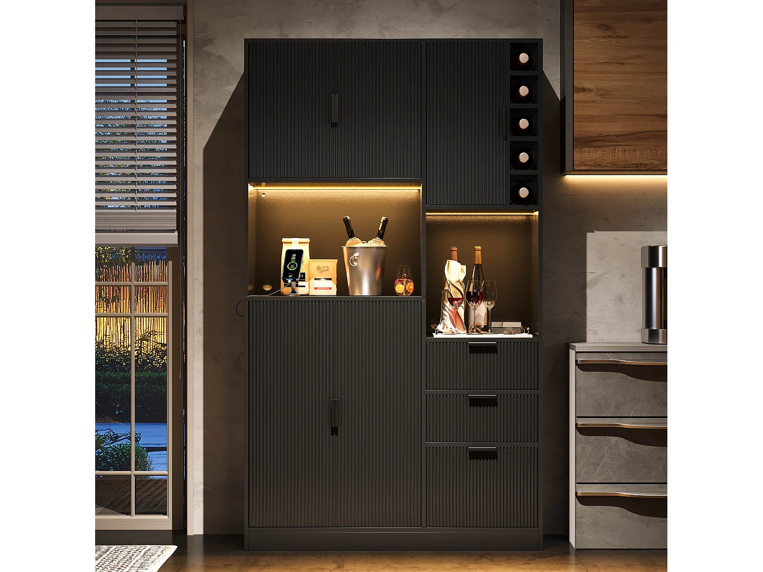 Nowoczesna komoda kuchenna - 105 x 40 x 180 cm - z półkami + 3 szufladami + stojakiem na wino + diodami LED + drzwiami - MDF - czarna