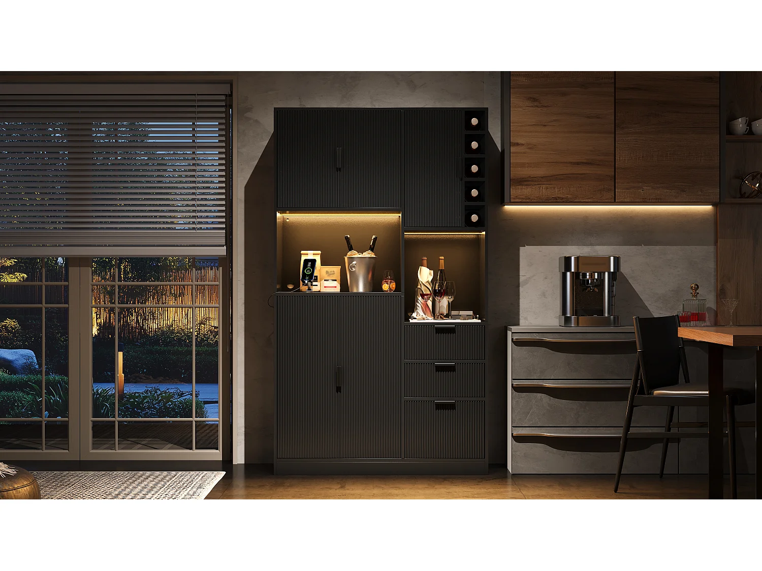 Nowoczesna komoda kuchenna - 105 x 40 x 180 cm - z półkami + 3 szufladami + stojakiem na wino + diodami LED + drzwiami - MDF - czarna