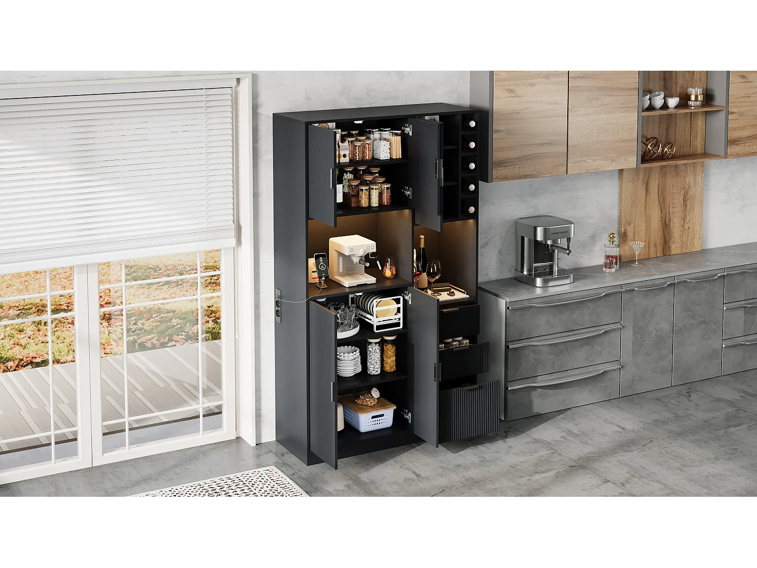 Nowoczesna komoda kuchenna - 105 x 40 x 180 cm - z półkami + 3 szufladami + stojakiem na wino + diodami LED + drzwiami - MDF - czarna