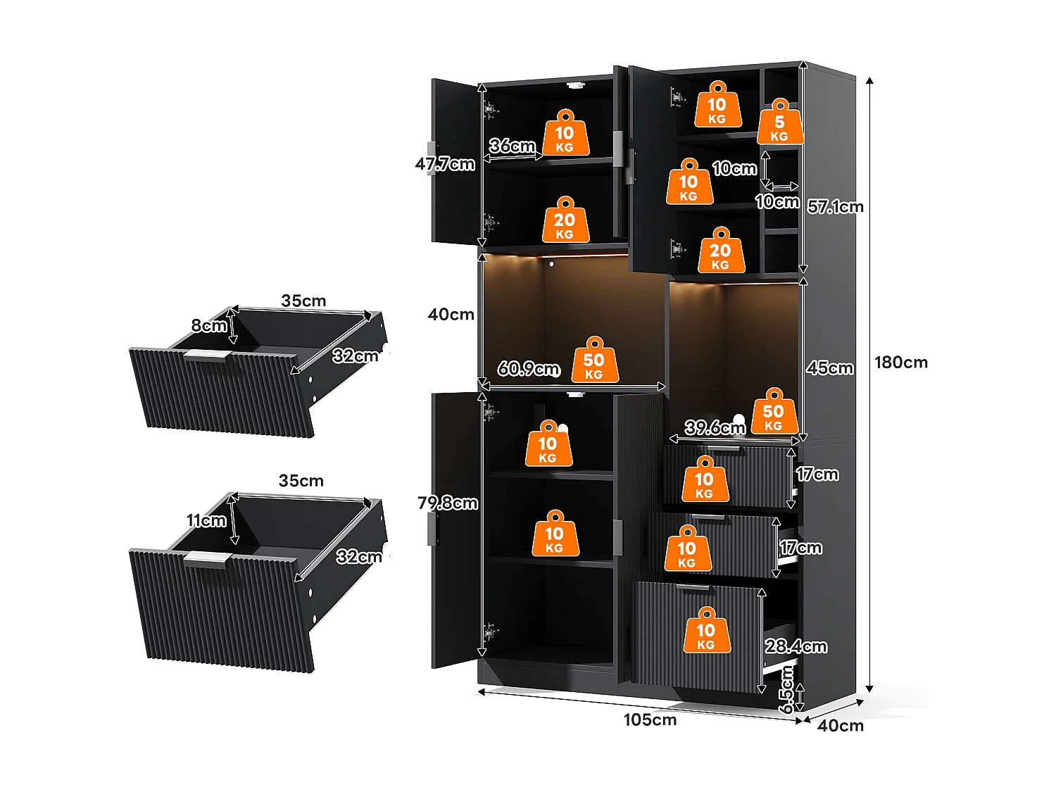 Nowoczesna komoda kuchenna - 105 x 40 x 180 cm - z półkami + 3 szufladami + stojakiem na wino + diodami LED + drzwiami - MDF - czarna