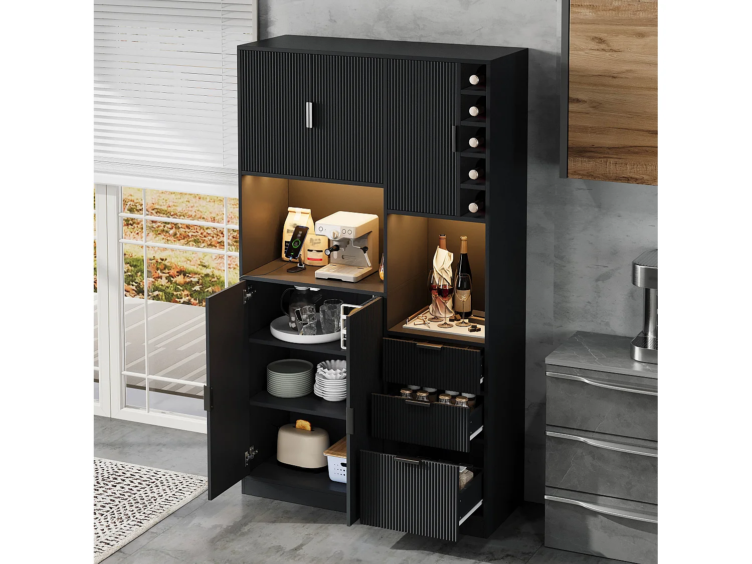 Nowoczesna komoda kuchenna - 105 x 40 x 180 cm - z półkami + 3 szufladami + stojakiem na wino + diodami LED + drzwiami - MDF - czarna