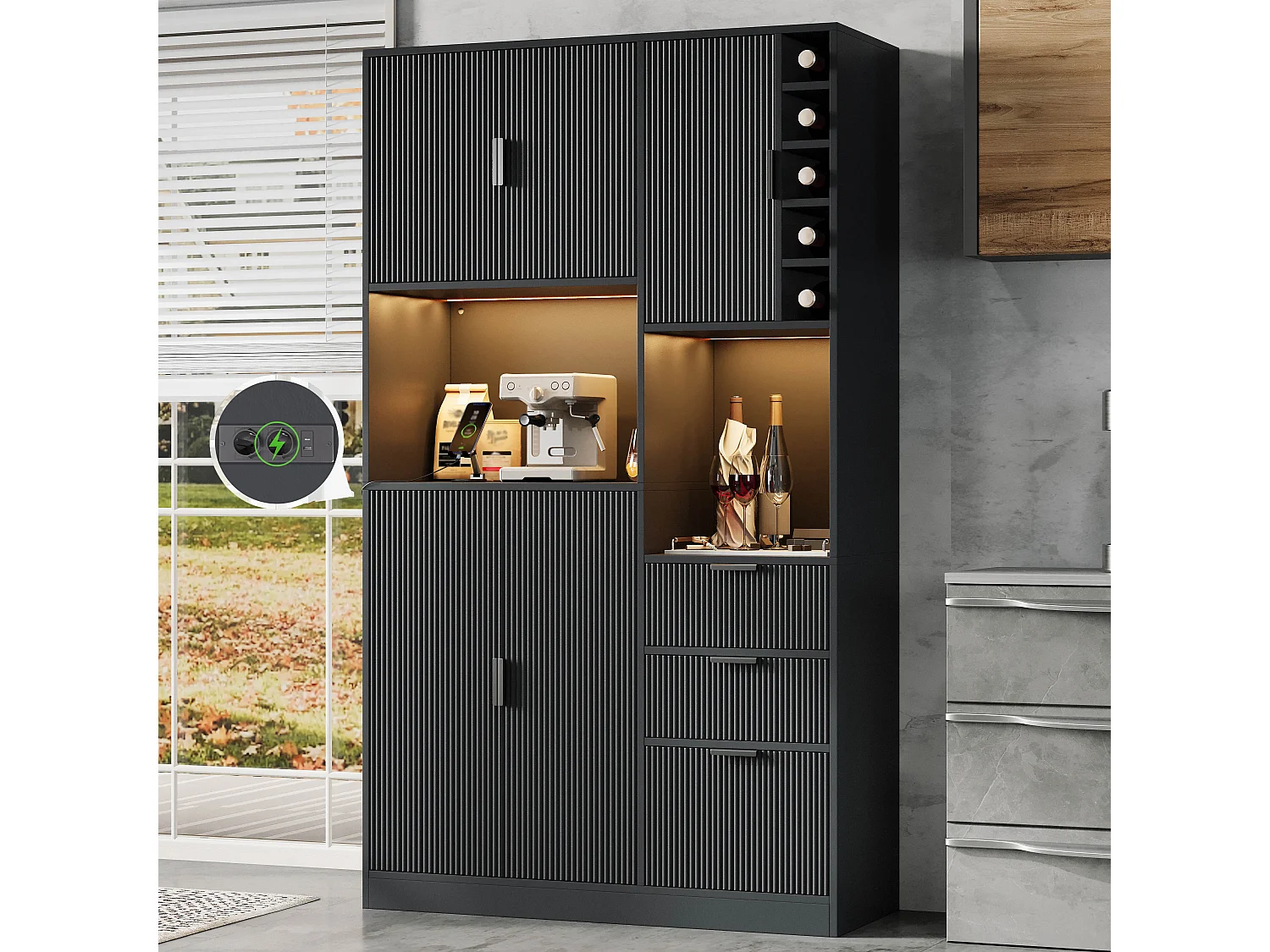 Nowoczesna komoda kuchenna - 105 x 40 x 180 cm - z półkami + 3 szufladami + stojakiem na wino + diodami LED + drzwiami - MDF - czarna