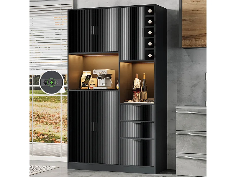 Nowoczesna komoda kuchenna - 105 x 40 x 180 cm - z półkami + 3 szufladami + stojakiem na wino + diodami LED + drzwiami - MDF - czarna