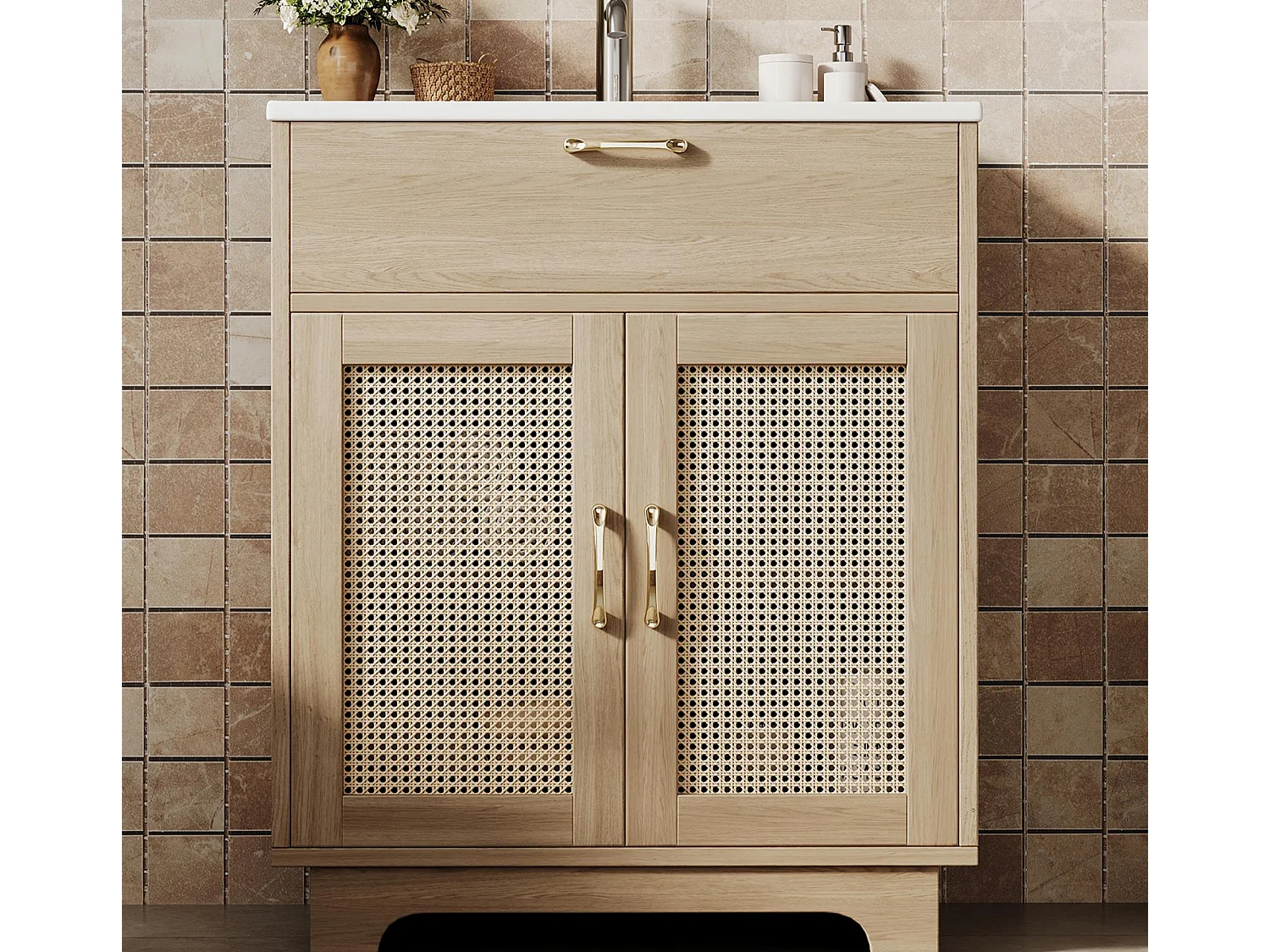 Badezimmerschrank mit Füßen 76x46x88 cm - Keramikwaschbecken - 1 Klappschublade und 2 Türen - Rattan-Oberfläche - Natur