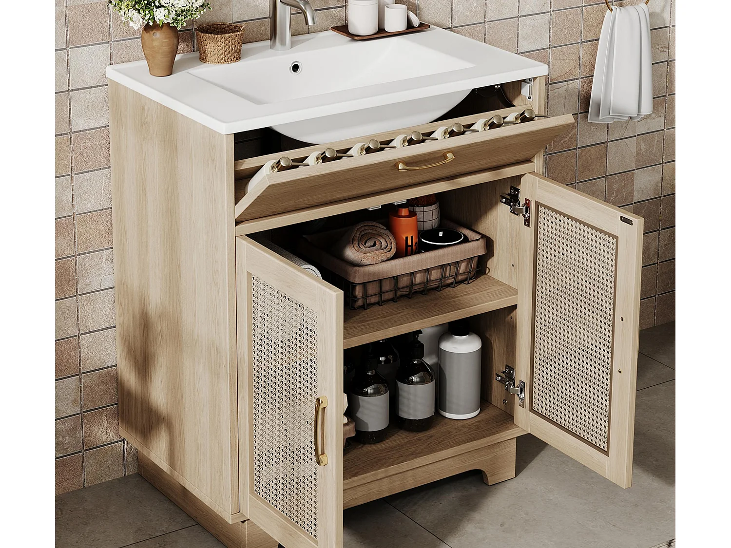 Badezimmerschrank mit Füßen 76x46x88 cm - Keramikwaschbecken - 1 Klappschublade und 2 Türen - Rattan-Oberfläche - Natur