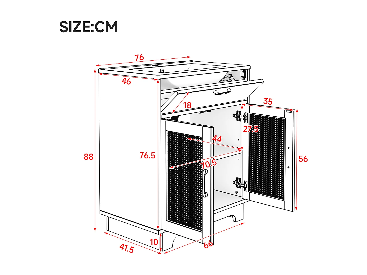 Badezimmerschrank mit Füßen 76x46x88 cm - Keramikwaschbecken - 1 Klappschublade und 2 Türen - Rattan-Oberfläche - Natur