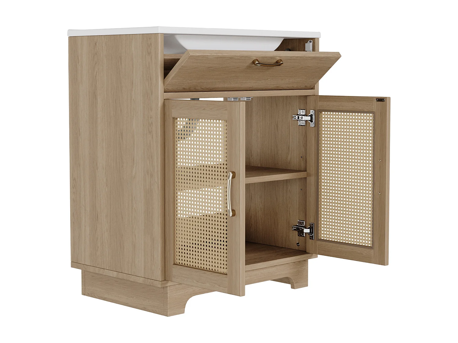 Badezimmerschrank mit Füßen 76x46x88 cm - Keramikwaschbecken - 1 Klappschublade und 2 Türen - Rattan-Oberfläche - Natur