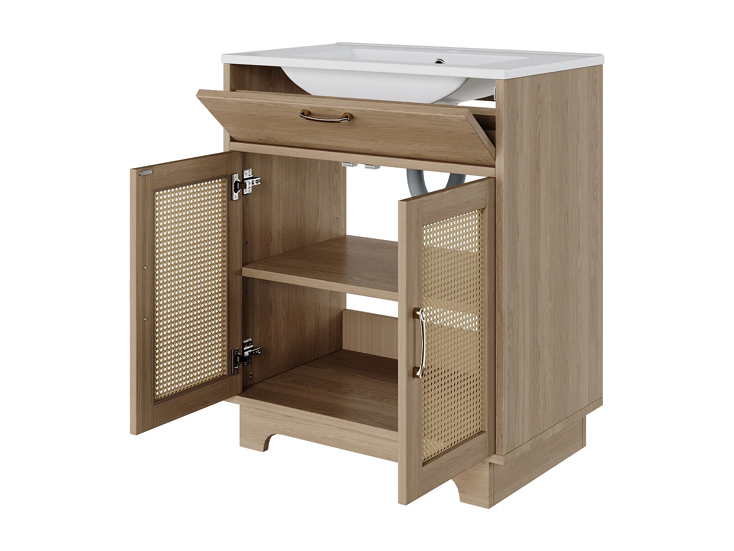 Badezimmerschrank mit Füßen 76x46x88 cm - Keramikwaschbecken - 1 Klappschublade und 2 Türen - Rattan-Oberfläche - Natur