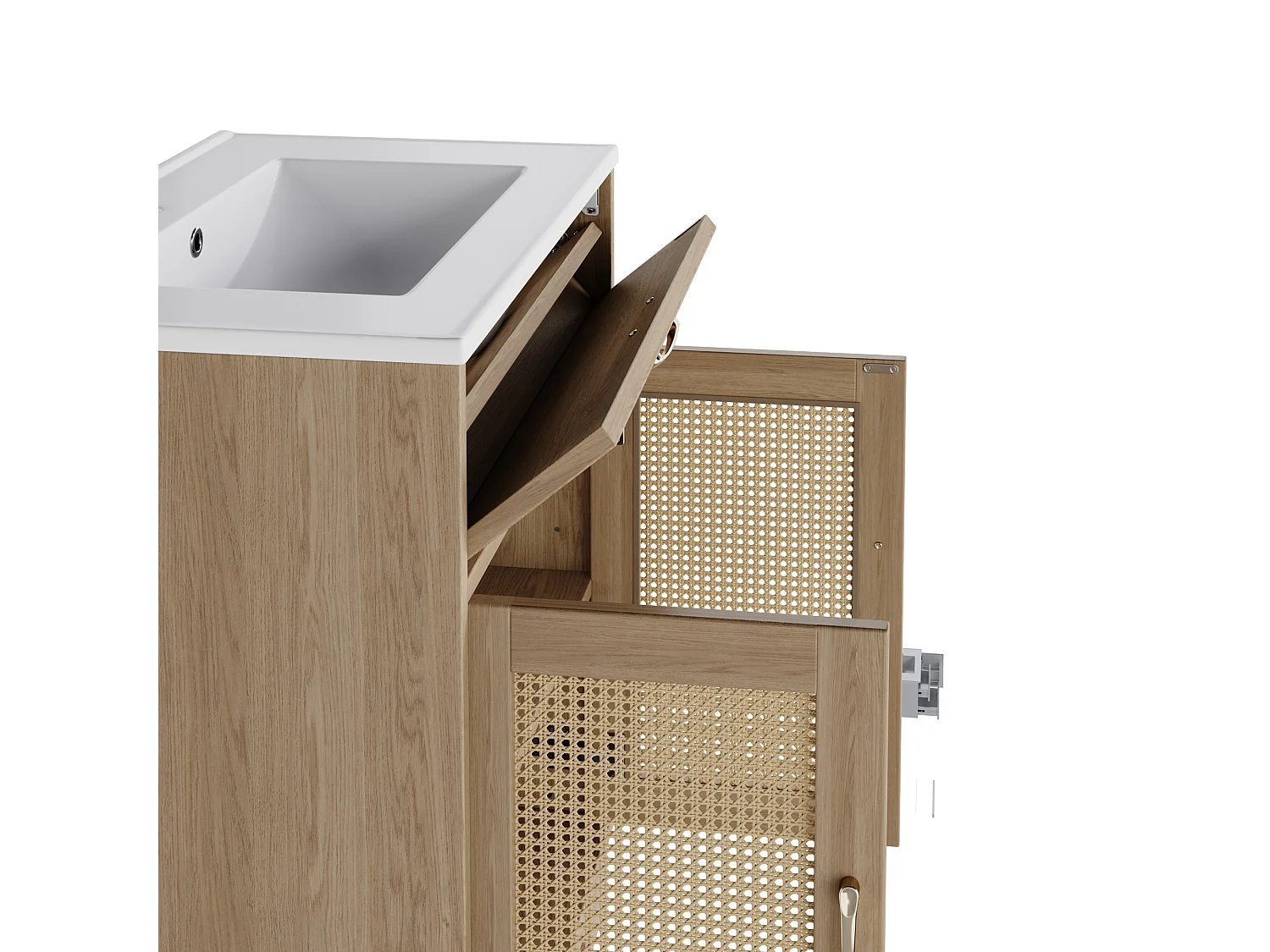 Badezimmerschrank mit Füßen 76x46x88 cm - Keramikwaschbecken - 1 Klappschublade und 2 Türen - Rattan-Oberfläche - Natur