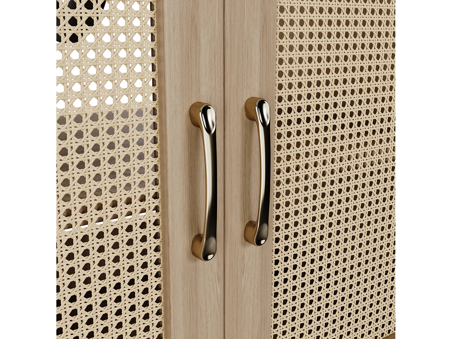 Badezimmerschrank mit Füßen 76x46x88 cm - Keramikwaschbecken - 1 Klappschublade und 2 Türen - Rattan-Oberfläche - Natur