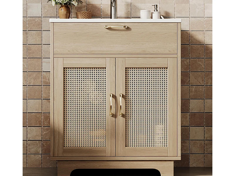 Badezimmerschrank mit Füßen 76x46x88 cm - Keramikwaschbecken - 1 Klappschublade und 2 Türen - Rattan-Oberfläche - Natur