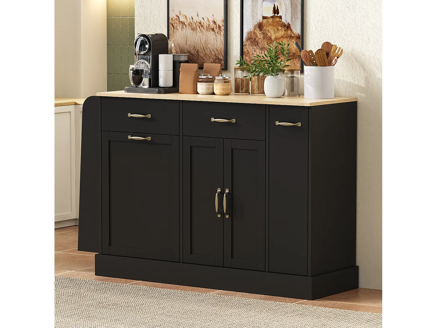 Nowoczesna komoda kuchenna - 133,5 x 40 x 86 cm - z zewnętrzną półką na przyprawy + drzwi + szuflady - MDF - czarna