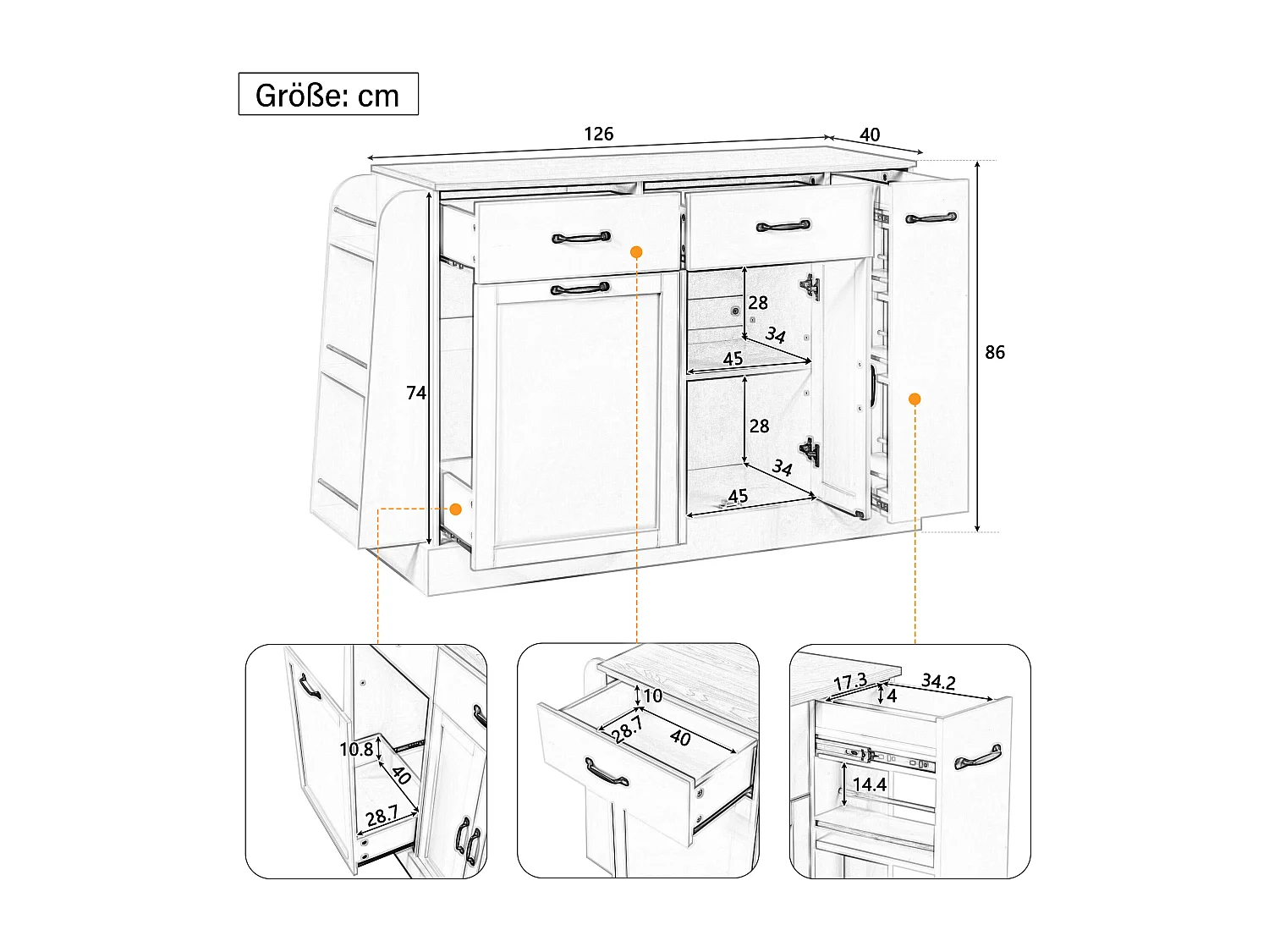 Nowoczesna komoda kuchenna - 133,5 x 40 x 86 cm - z zewnętrzną półką na przyprawy + drzwi + szuflady - MDF - czarna