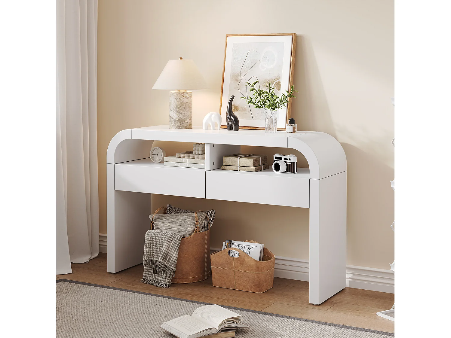 Moderner Konsolentisch für den Eingangsbereich – 120 x 35,5 x 76,5 cm – mit 2 Schubladen + Ablage – MDF – weiß