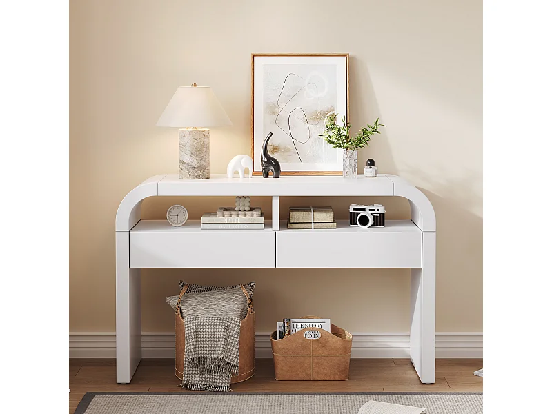 Moderner Konsolentisch für den Eingangsbereich – 120 x 35,5 x 76,5 cm – mit 2 Schubladen + Ablage – MDF – weiß