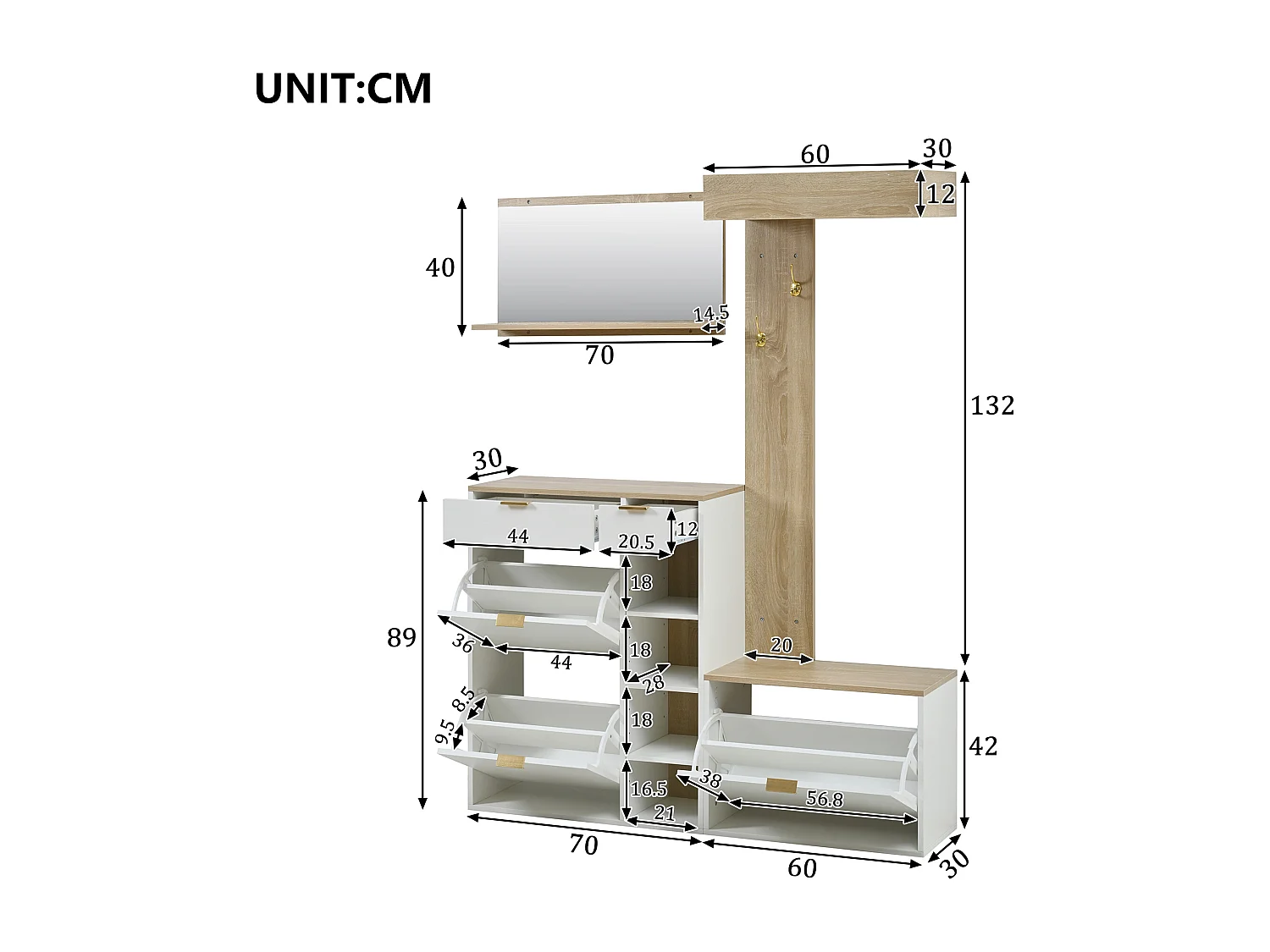4-teiliger Wandkleiderschrank – mit Schuhschrank, Sitzbank, Wandspiegel, Garderobenständer und Schubladen – Spanplatte – weiß