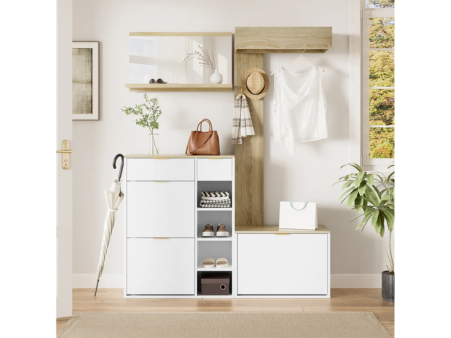 4-teiliger Wandkleiderschrank – mit Schuhschrank, Sitzbank, Wandspiegel, Garderobenständer und Schubladen – Spanplatte – weiß