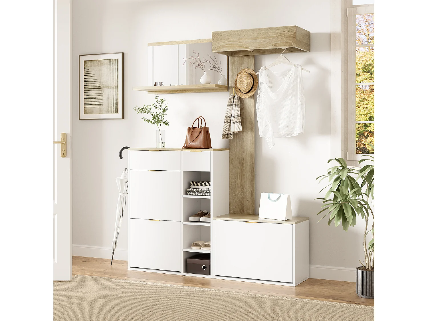 4-teiliger Wandkleiderschrank – mit Schuhschrank, Sitzbank, Wandspiegel, Garderobenständer und Schubladen – Spanplatte – weiß
