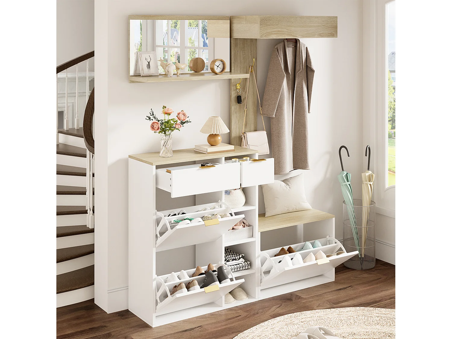 4-teiliger Wandkleiderschrank – mit Schuhschrank, Sitzbank, Wandspiegel, Garderobenständer und Schubladen – Spanplatte – weiß