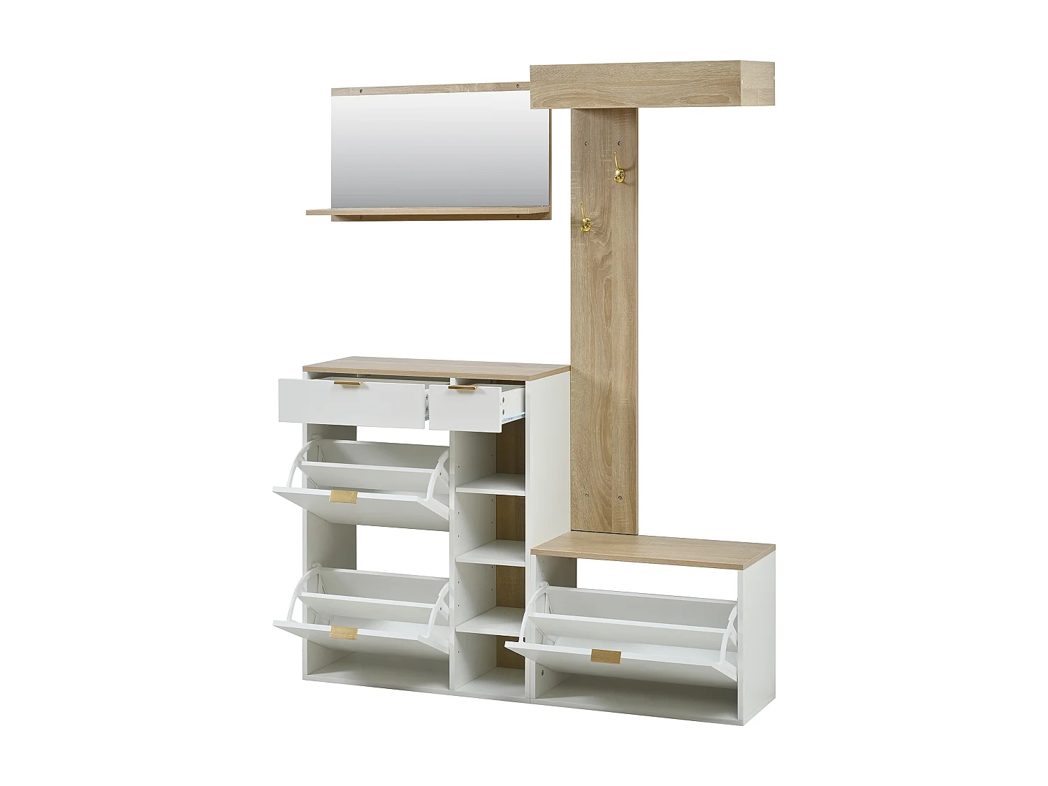 4-teiliger Wandkleiderschrank – mit Schuhschrank, Sitzbank, Wandspiegel, Garderobenständer und Schubladen – Spanplatte – weiß