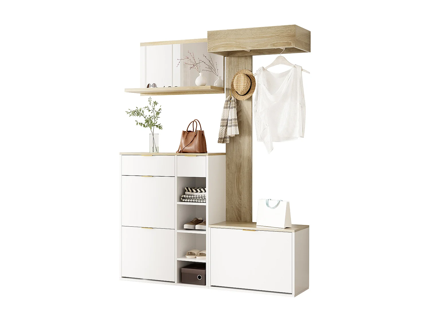 4-teiliger Wandkleiderschrank – mit Schuhschrank, Sitzbank, Wandspiegel, Garderobenständer und Schubladen – Spanplatte – weiß