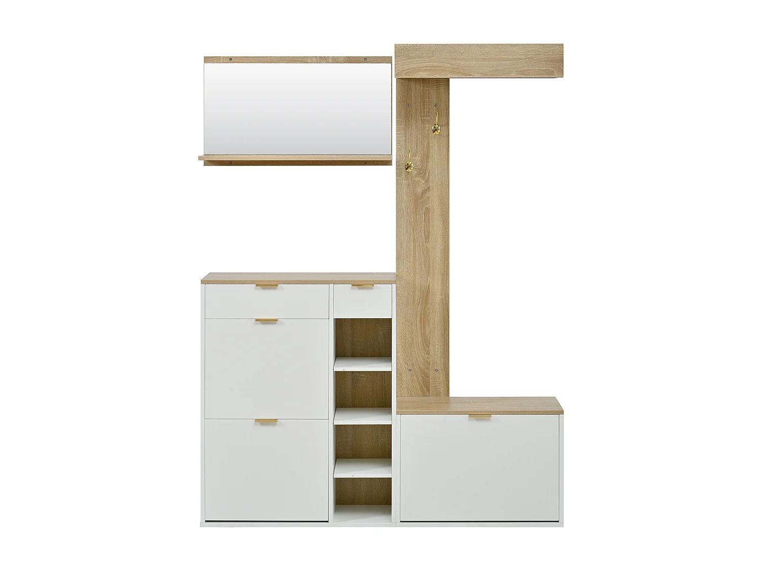 4-teiliger Wandkleiderschrank – mit Schuhschrank, Sitzbank, Wandspiegel, Garderobenständer und Schubladen – Spanplatte – weiß