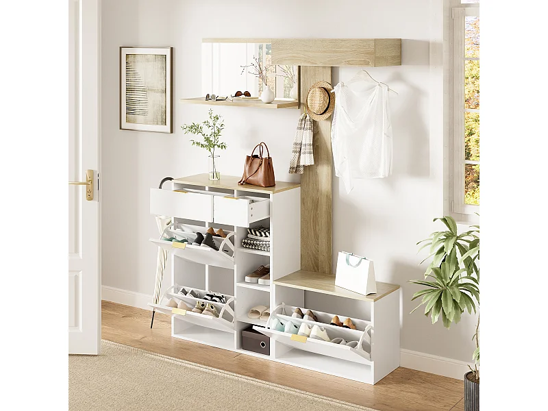 4-teiliger Wandkleiderschrank – mit Schuhschrank, Sitzbank, Wandspiegel, Garderobenständer und Schubladen – Spanplatte – weiß