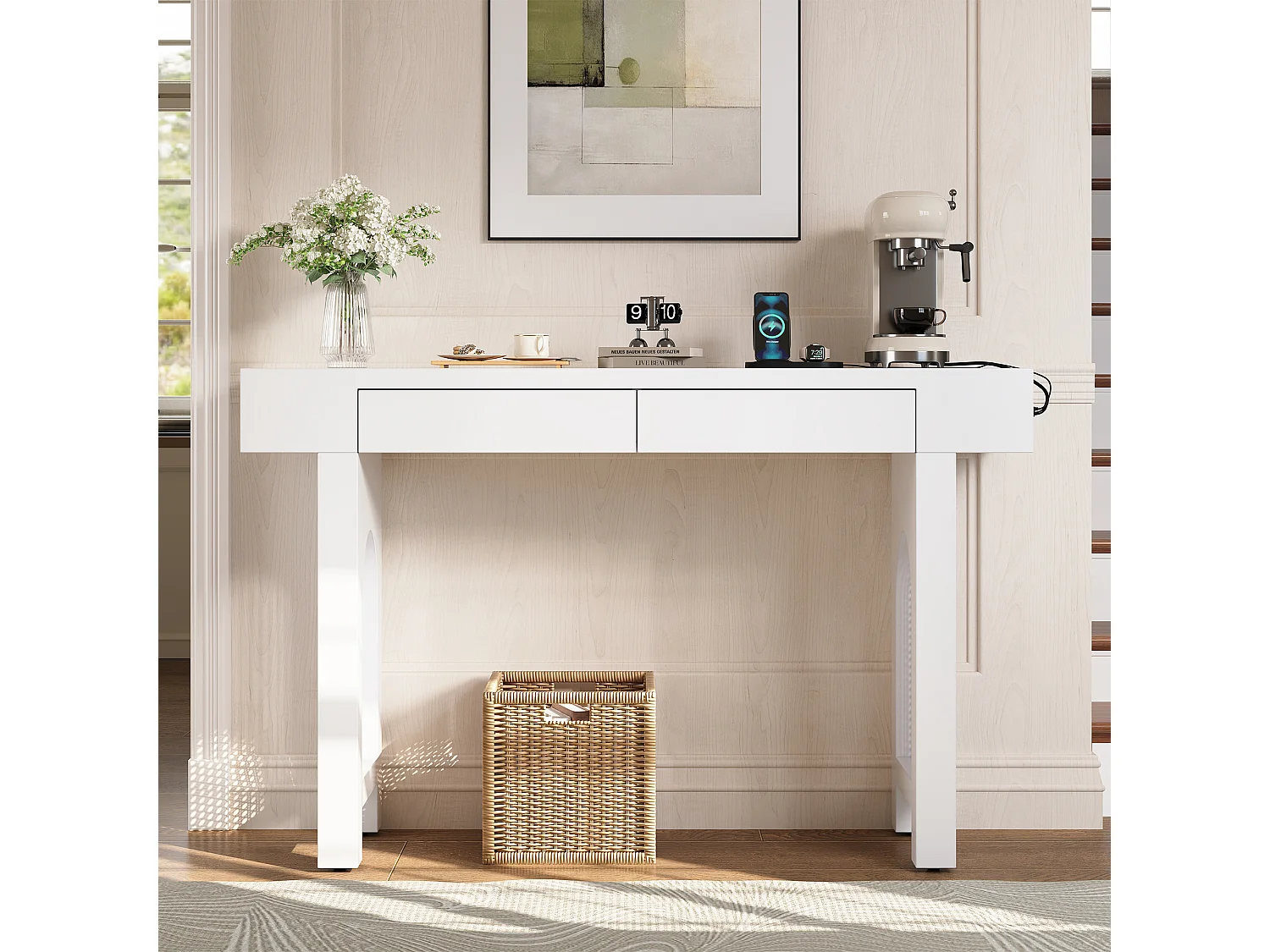 Eleganter Konsolentisch für den Eingangsbereich – 120 x 35,5 x 76,5 cm – mit Schubladen und verstellbaren Füßen – MDF – weiß