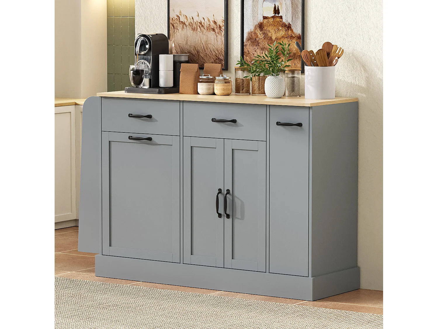 Nowoczesna komoda kuchenna - 133,5 x 40 x 86 cm - z zewnętrzną półką na przyprawy + drzwi + szuflady - MDF - szara