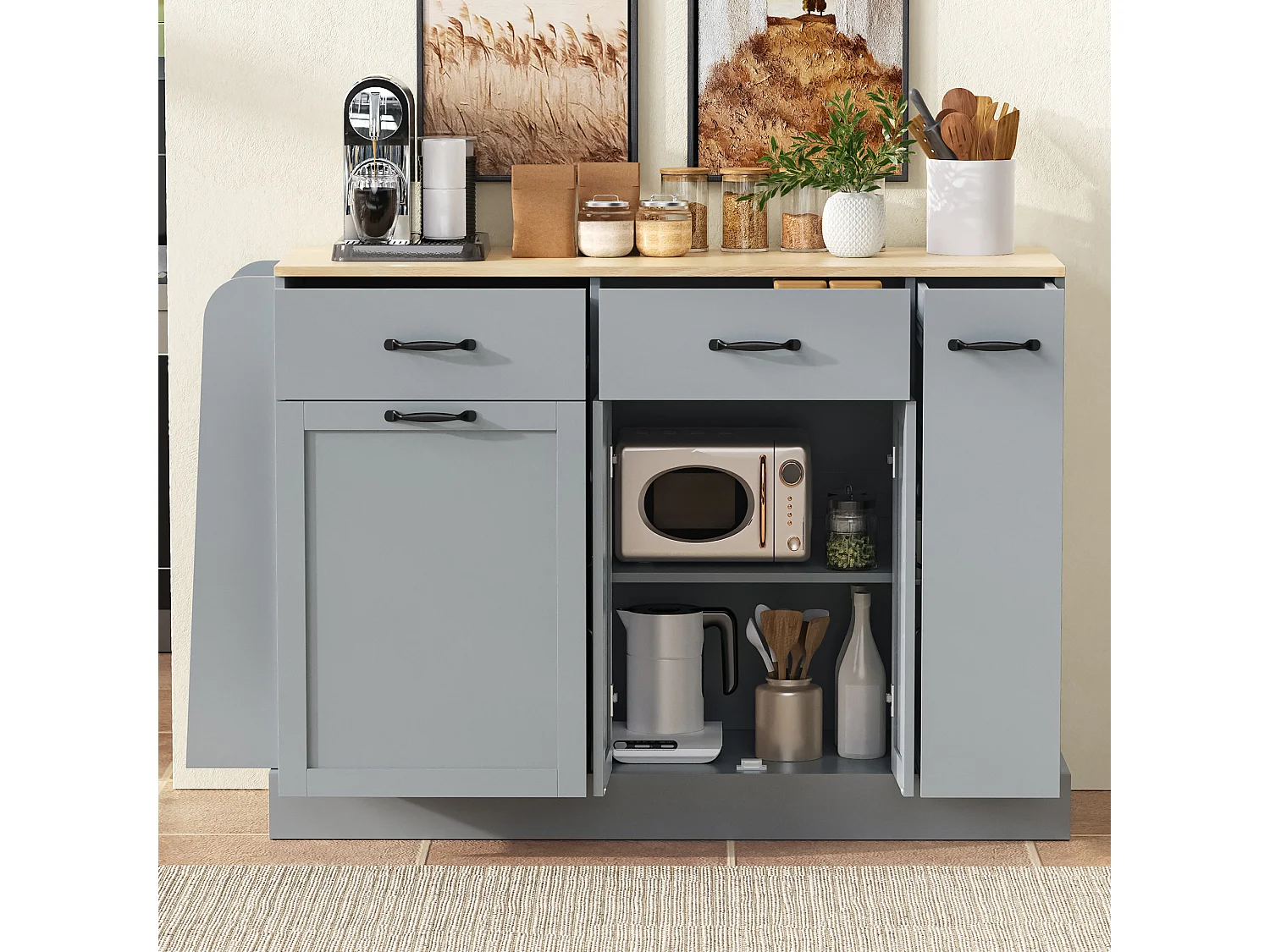 Nowoczesna komoda kuchenna - 133,5 x 40 x 86 cm - z zewnętrzną półką na przyprawy + drzwi + szuflady - MDF - szara