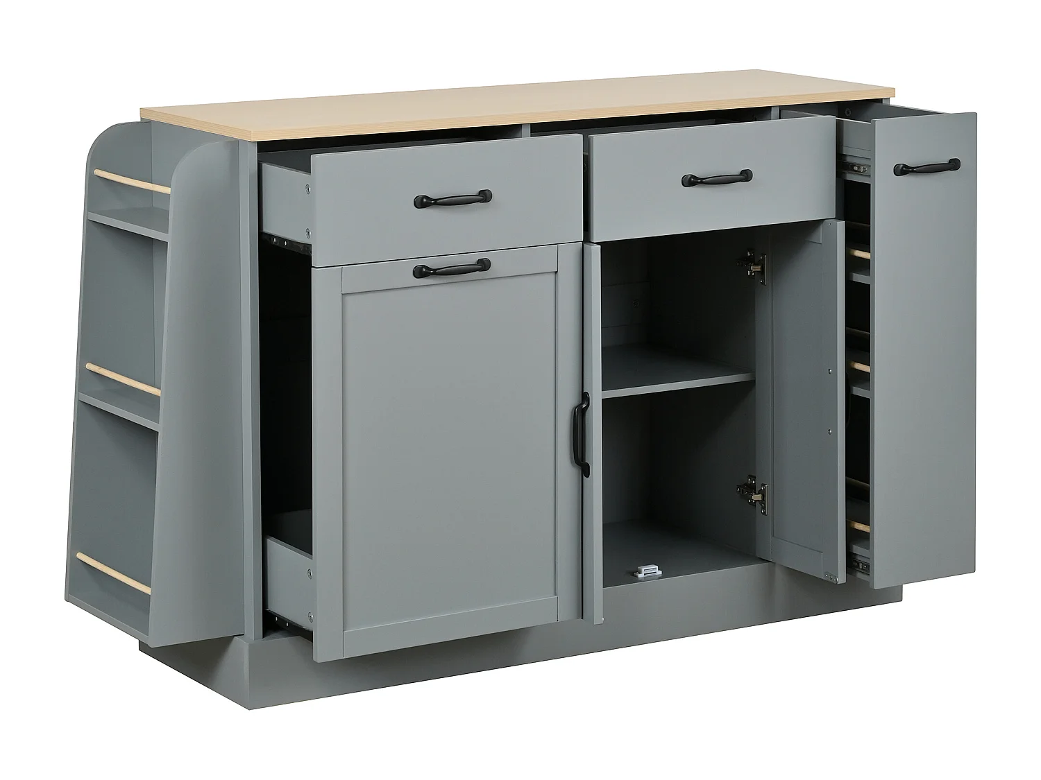 Nowoczesna komoda kuchenna - 133,5 x 40 x 86 cm - z zewnętrzną półką na przyprawy + drzwi + szuflady - MDF - szara