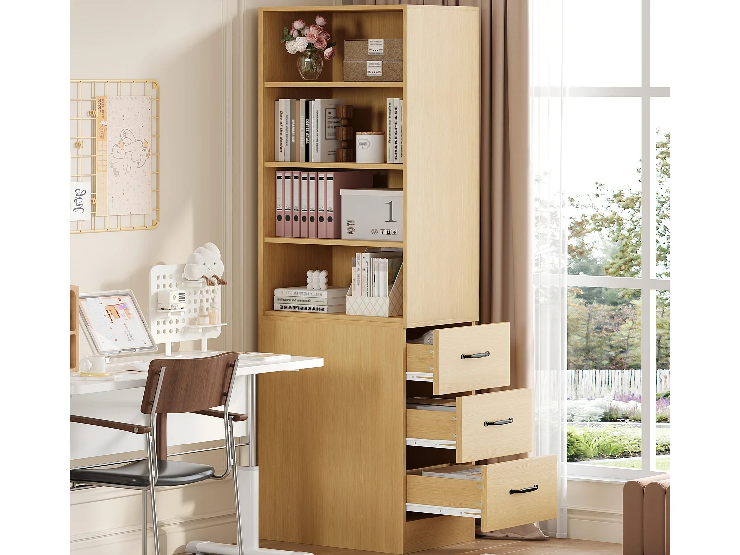 Libreria alta 180 cm - con 3 cassetti laterali - Ripiani regolabili - Reversibile sinistra/destra - Naturale