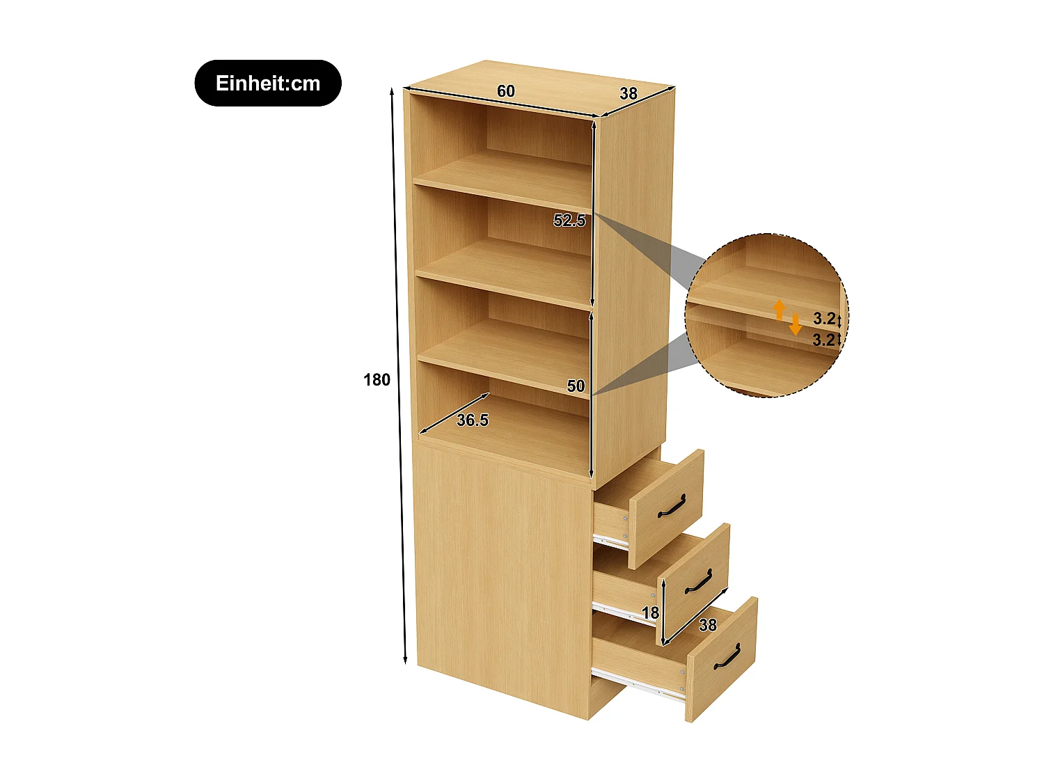 Libreria alta 180 cm - con 3 cassetti laterali - Ripiani regolabili - Reversibile sinistra/destra - Naturale